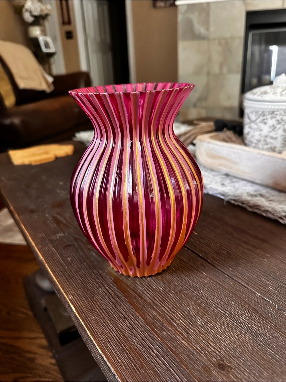 Hand crafted pink Glass Ribbed Vase with Gold Accents